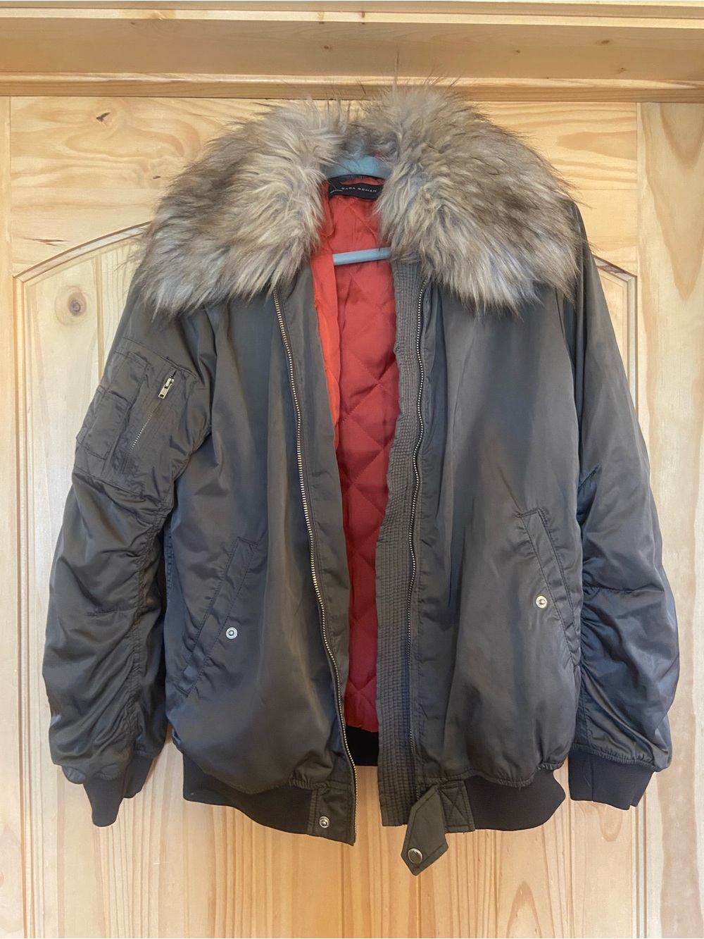 Zara Woman Olives Green and Orange Bomber Jacket with Detachable Fur Collar Med